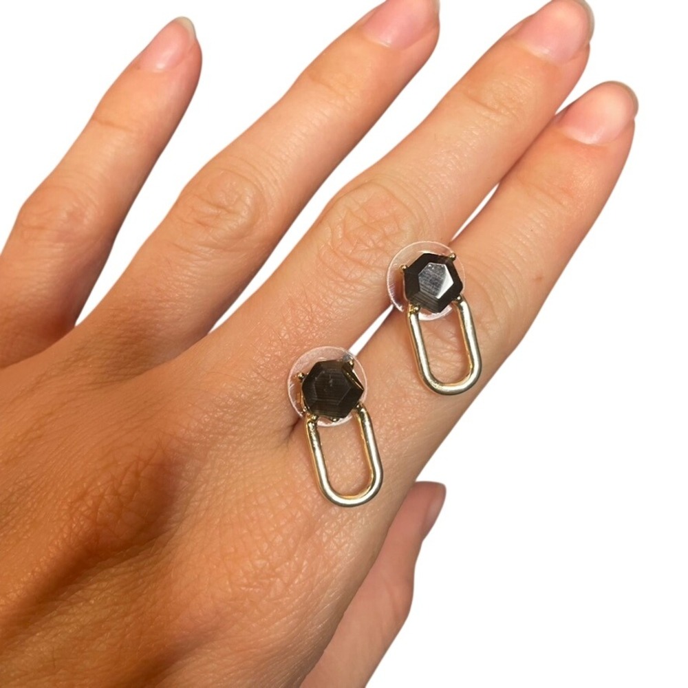 Gold Tone Black Hexagon Gemstone Geometric U-Shape Drop Post Stud Earrings